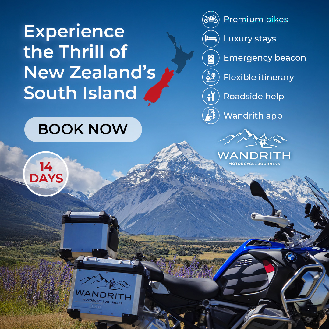 Wandrith Motorcycle Journeys Facebook ad: Explore NZ In Comfort, Power, & Style