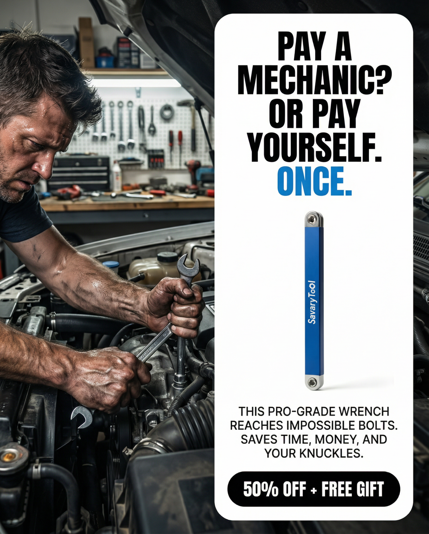 Savary Tool Facebook ad: Remove Any Bolt in Any Space, Or It's FREE.
