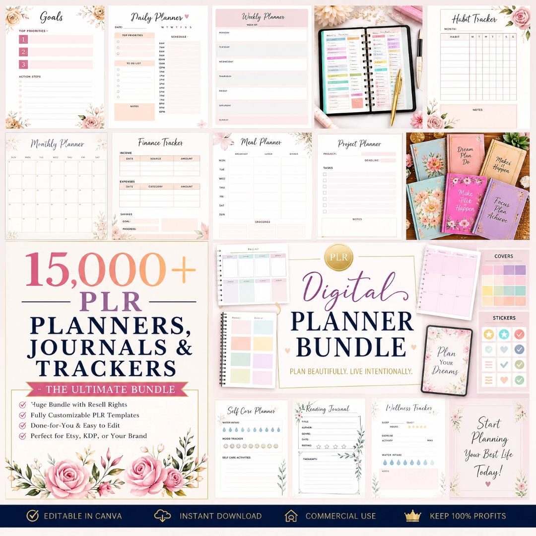 Plrhow Facebook ad: 15,000+ Planners & Journals with Resell Rights!