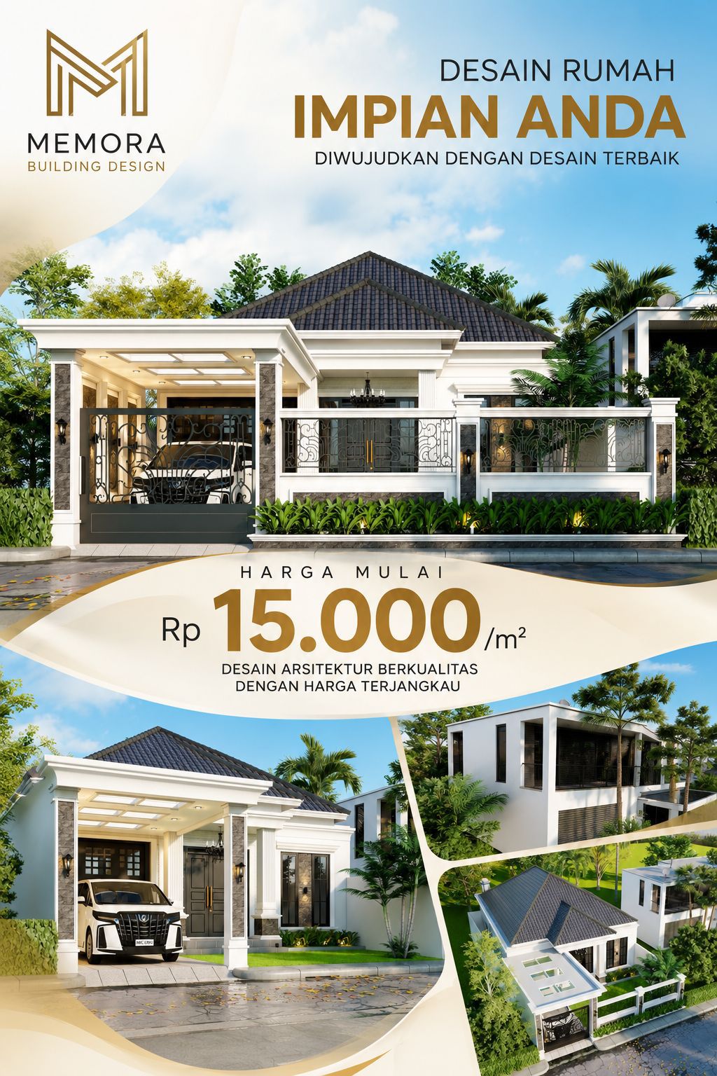 Memora design Facebook ad: Wujudkan Rumah Mewah Impian Anda, Tanpa Biaya Desain yang…