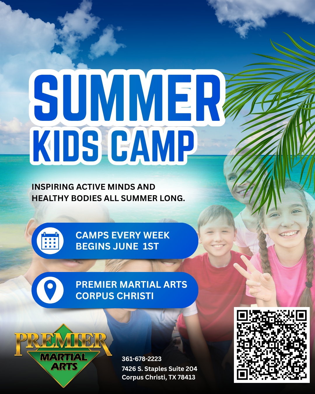 Premier Martial Arts Facebook ad: SUMMER CAMP YOUR KIDS WILL RATE 10/10