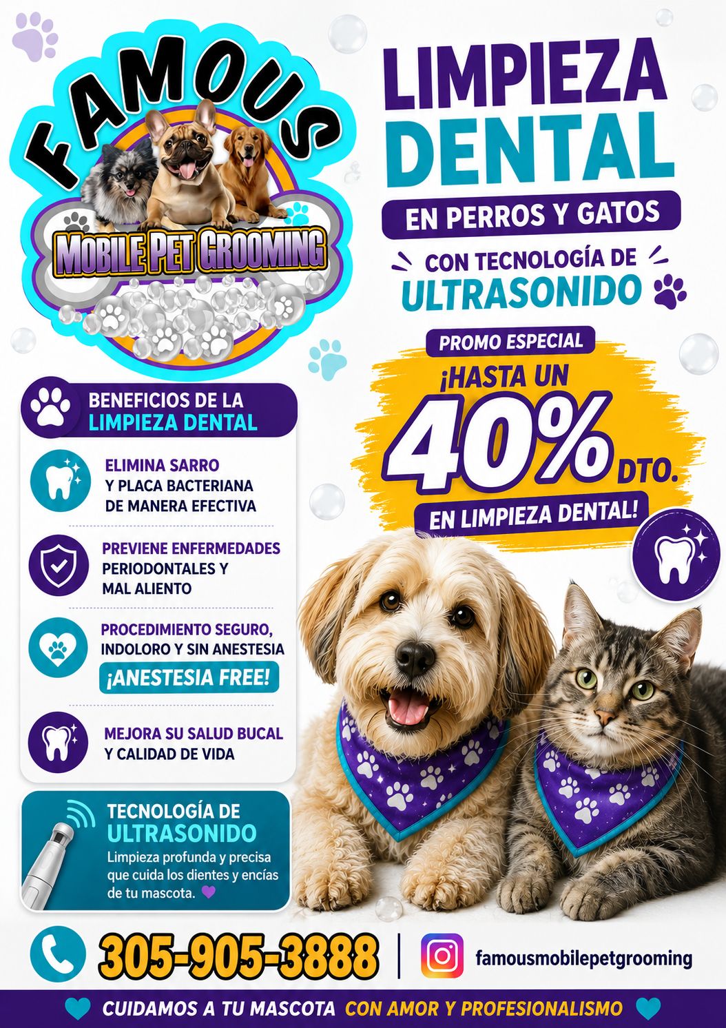 Famous Mobile Pet Grooming Facebook ad: 30% off Deep Dental Cleaning y 40% Off Dental + grooming