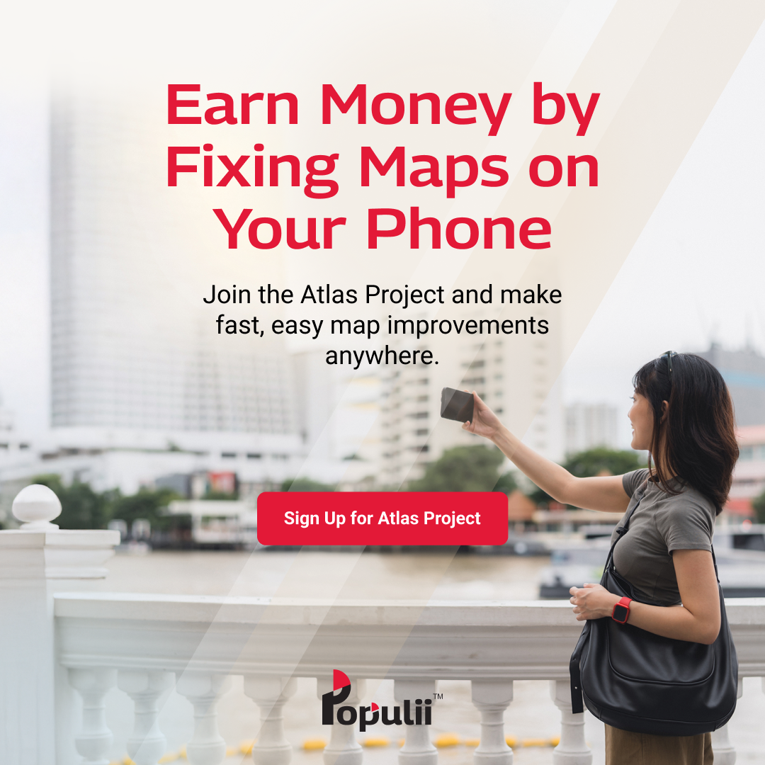 Populii Facebook ad: Confirm locations -> Earn as you go -> All from your phone.