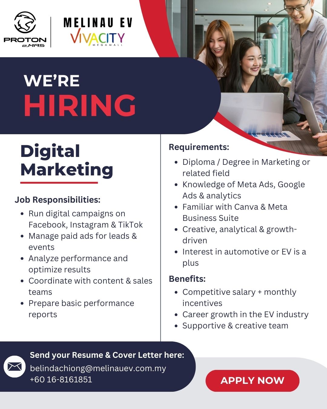 Proton e.MAS Kuching - Melinau EV, Vivacity Facebook ad: WE’RE HIRING | DIGITAL MARKETING SPECIALIST