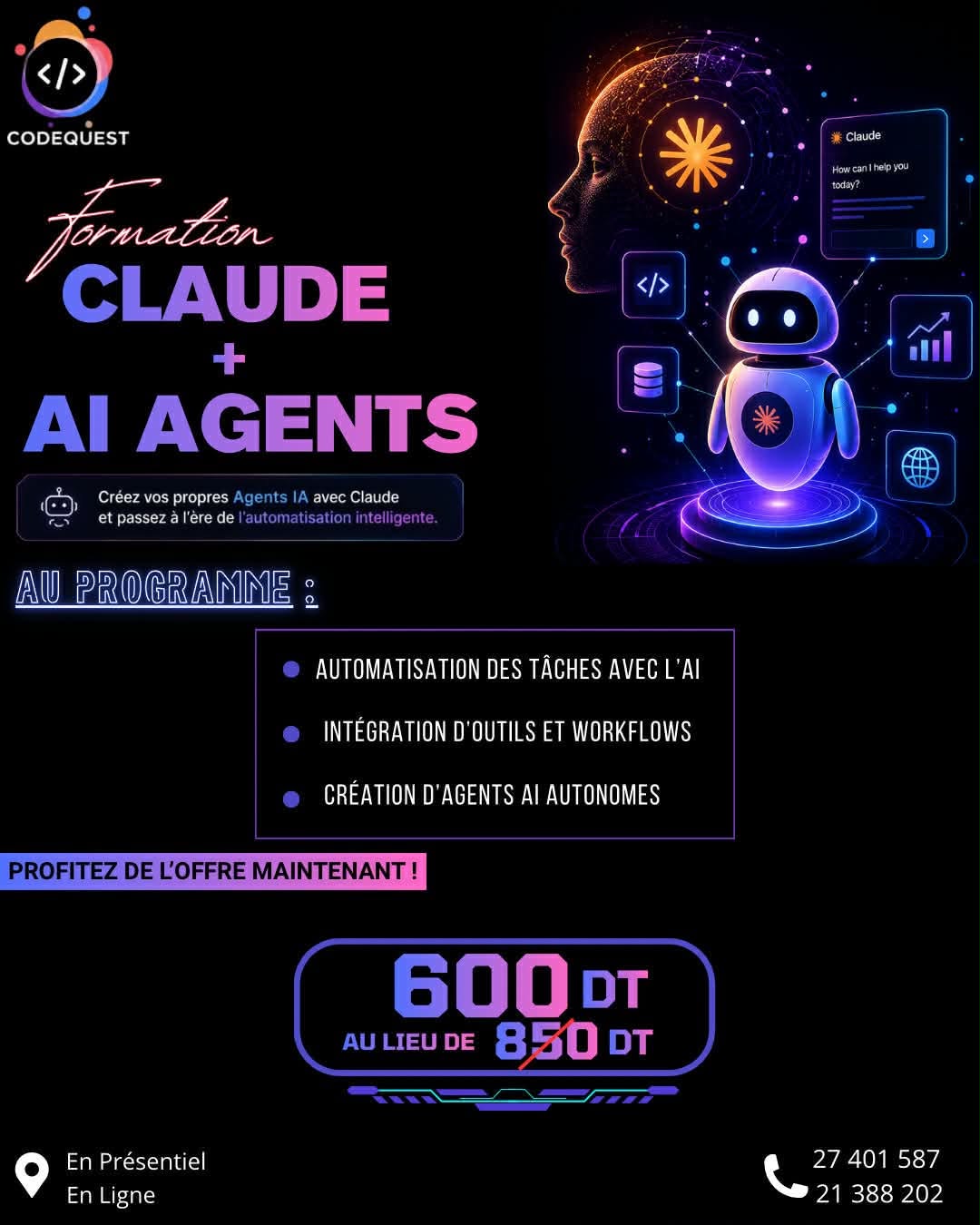 CodeQuest Facebook ad: Apprenez à créer des agents IA capables de…