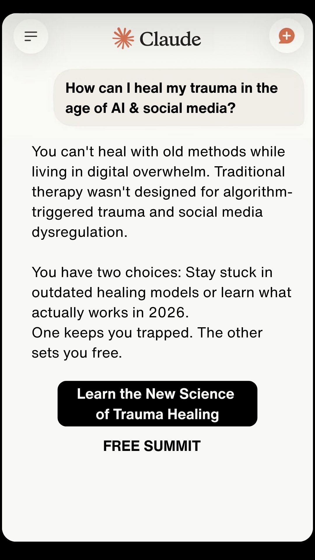 I Challenge You Facebook ad: Trauma Healing in the Age of AI & Social Media Summit