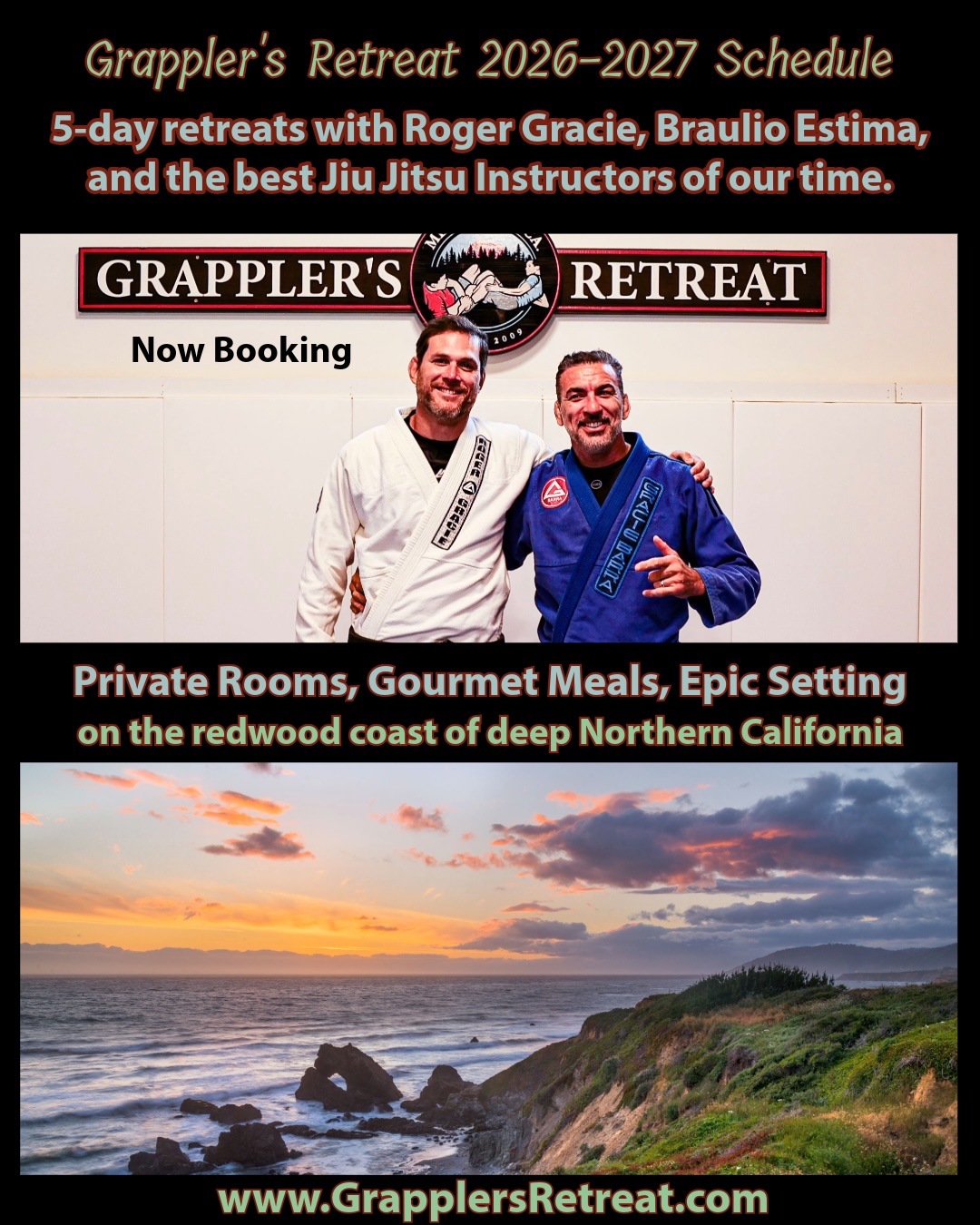 Grappler's Retreat Facebook ad: 18 spots max per retreat. Now Booking.