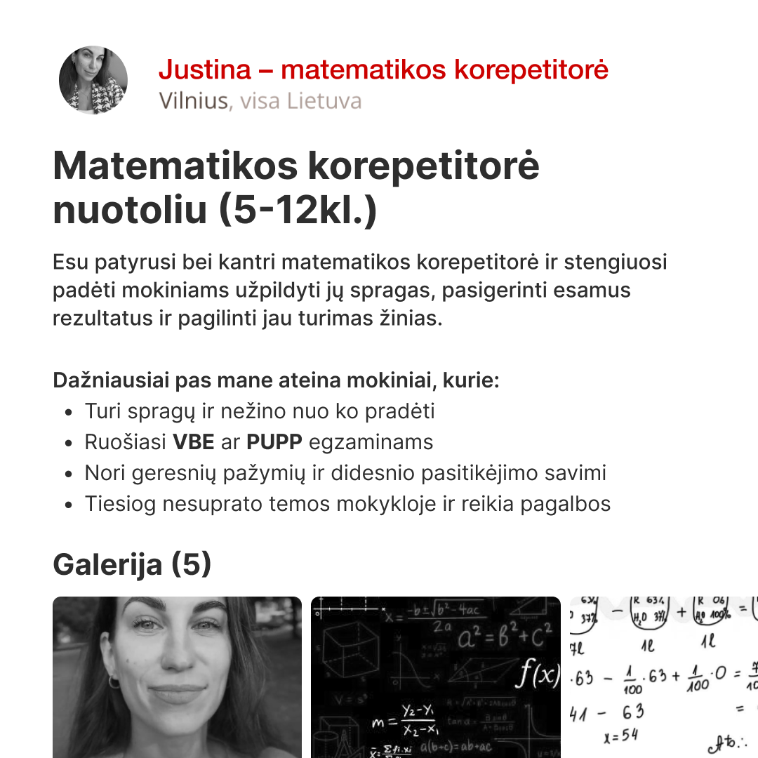 Matematikos Korepetitorė Justina Facebook ad: Išankstinė registracija