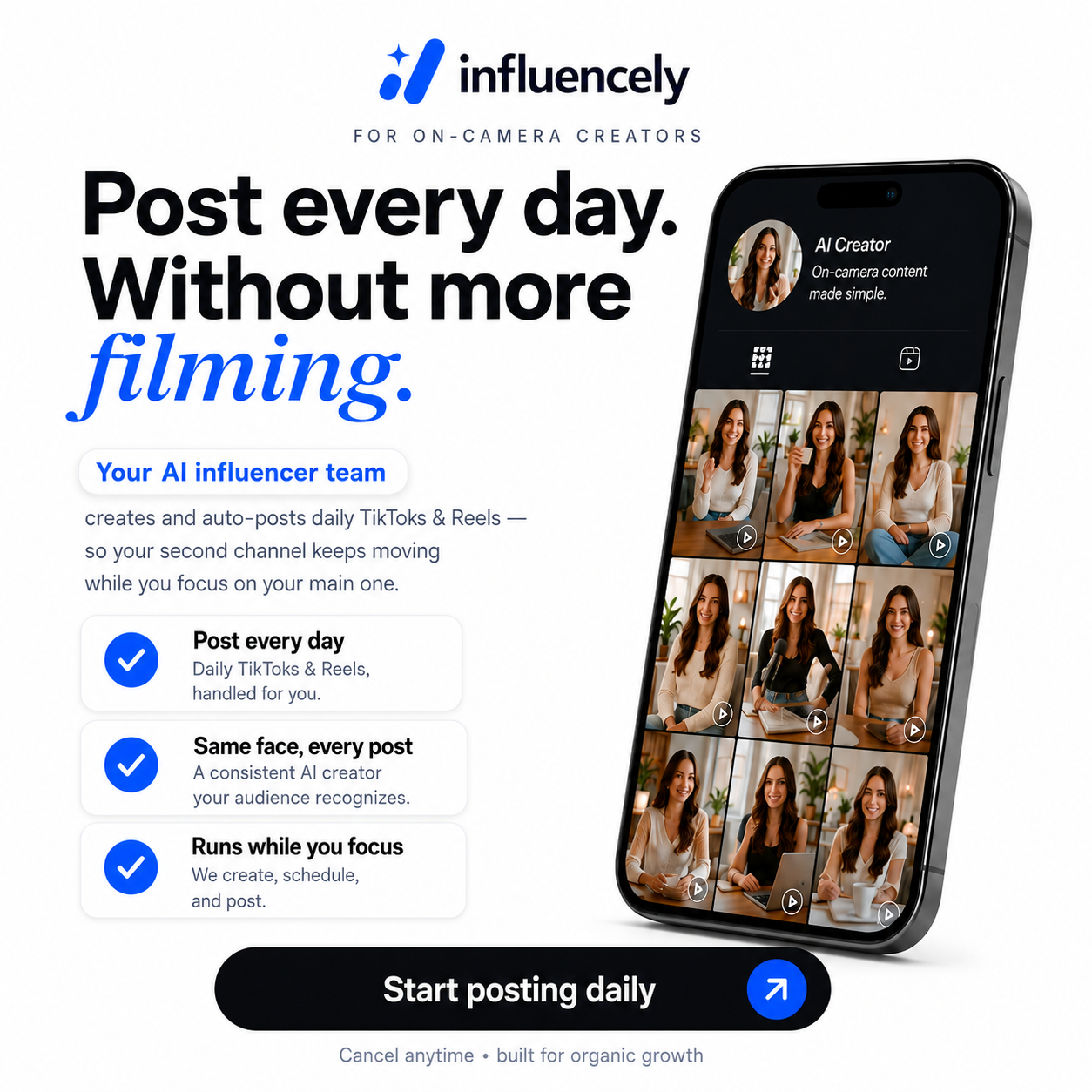 Influencely.ai Facebook ad: Your AI influencer team, posting daily.