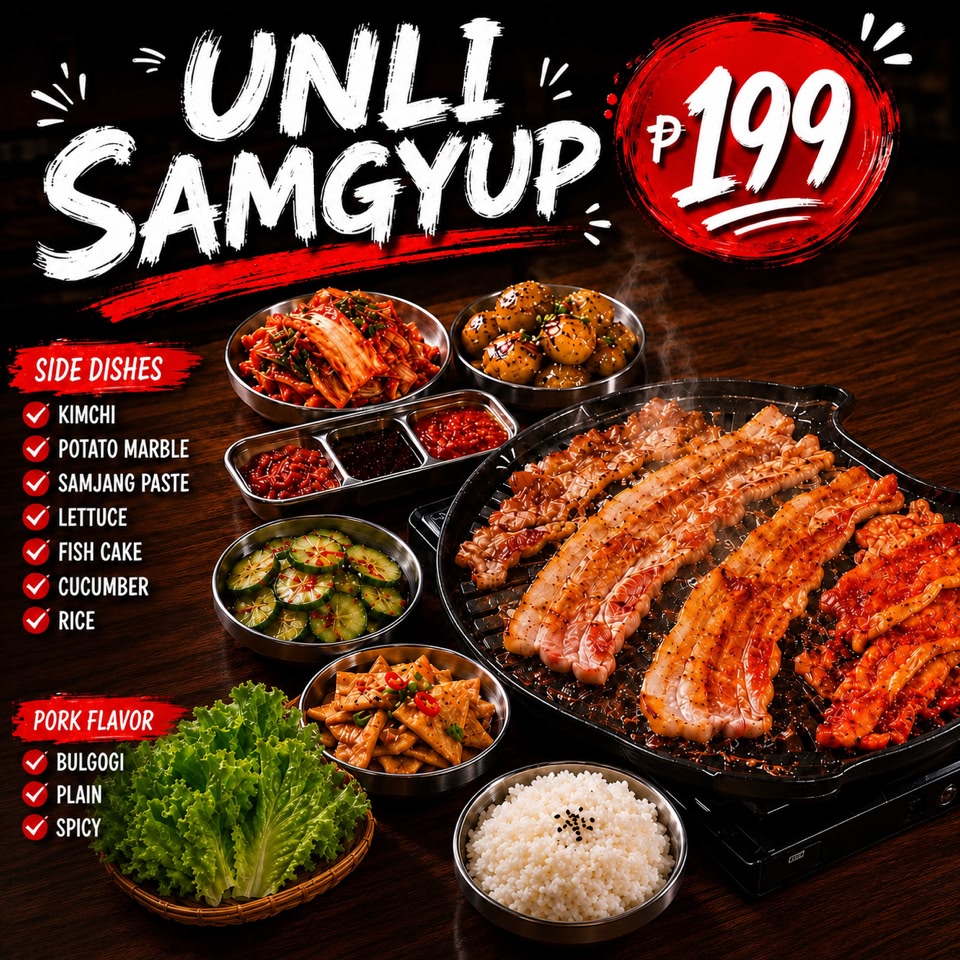 Jaja Seoul Grill Unlimited Samgyup & Wings Facebook ad: ₱𝟭𝟵𝟵 𝗨𝗡𝗟𝗜𝗠𝗜𝗧𝗘𝗗 𝗦𝗔𝗠𝗚𝗬𝗨𝗣𝗦𝗔𝗟 𝗦𝗔…