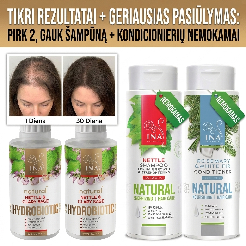 Šeimos Organinė Kosmetika - InaEssentials.lt Facebook ad: Du Hydrobiotic, šampūnas ir balzamas dovanų
