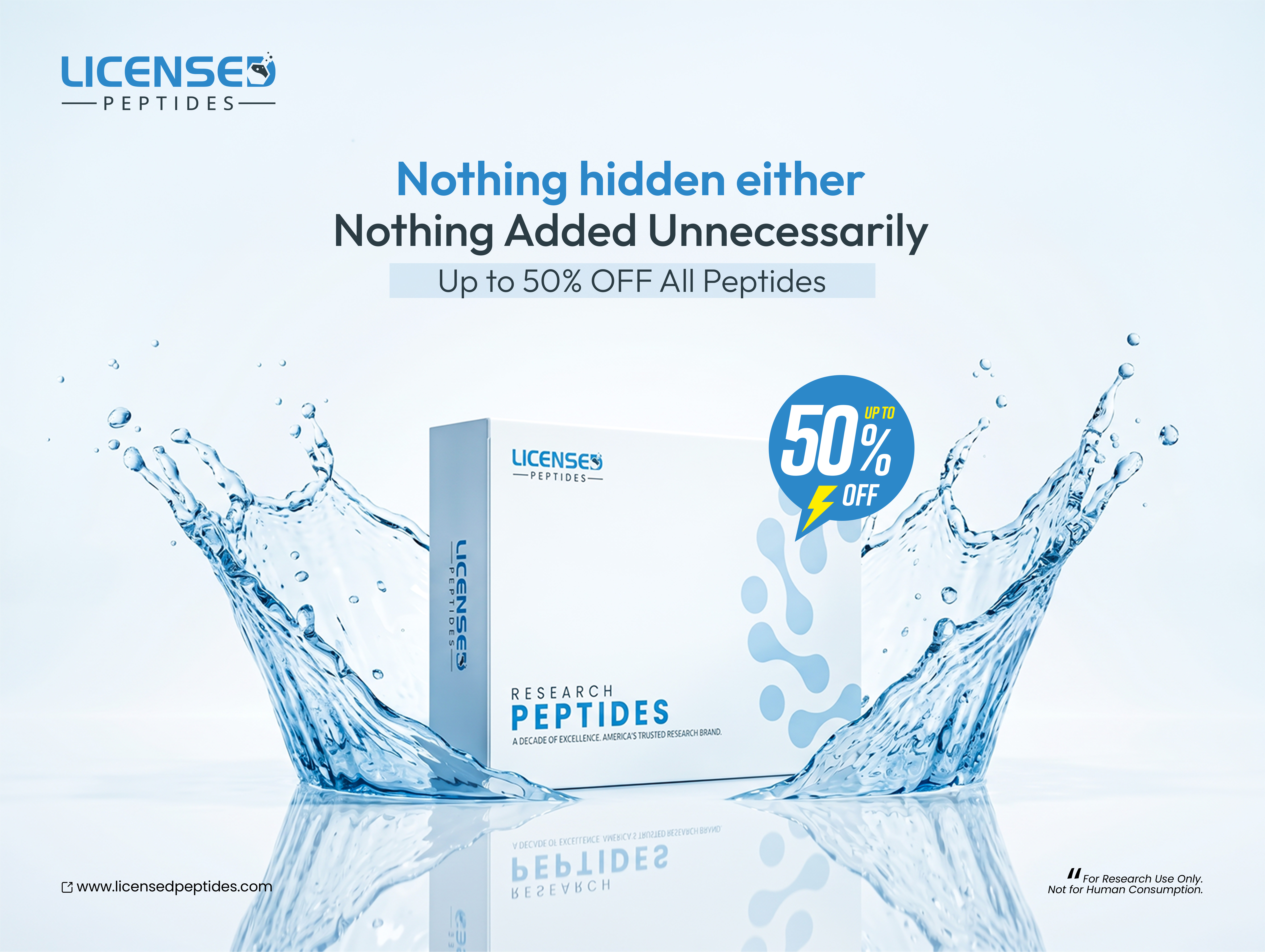LicensedPeptides.com Facebook ad: Up to 50% Off Sale Now Live