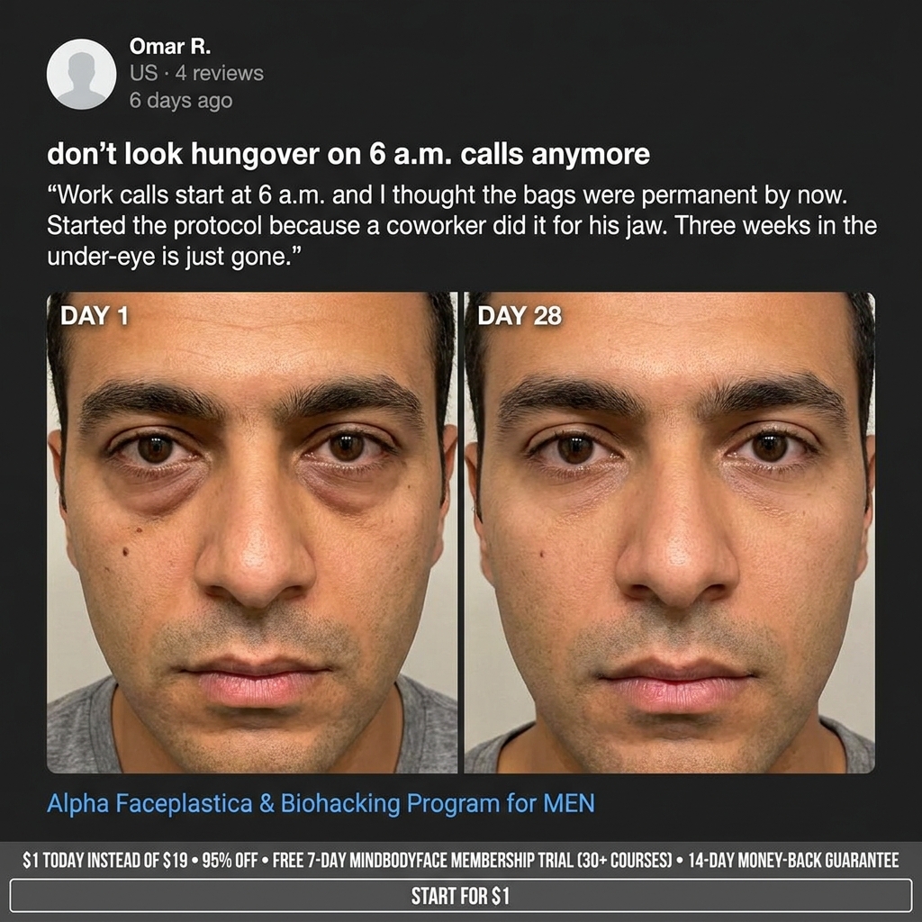 Faceplastica & Biohacking Program for Men Facebook ad: The bags aren't sleep, they're drainage