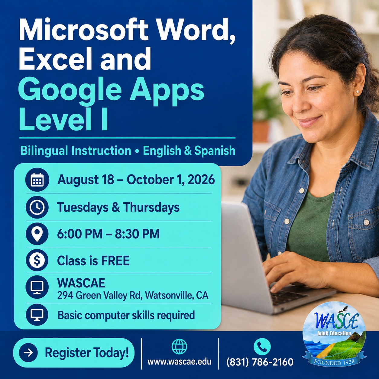 Watsonville/Aptos/Santa Cruz Adult Education Facebook ad: FREE COMPUTER CLASS | CLASE GRATUITA DE COMPUTACIÓN