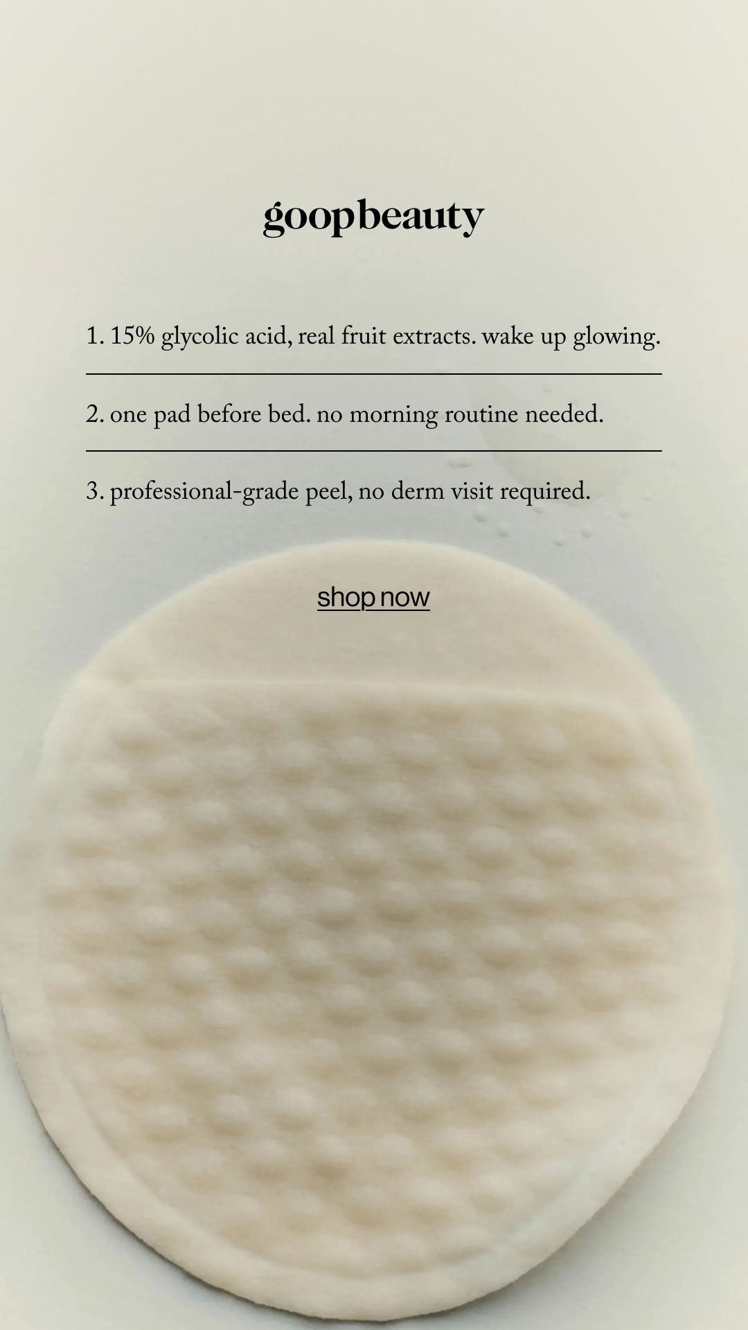 goop Facebook ad: 15% glycolic acid overnight glow peel
