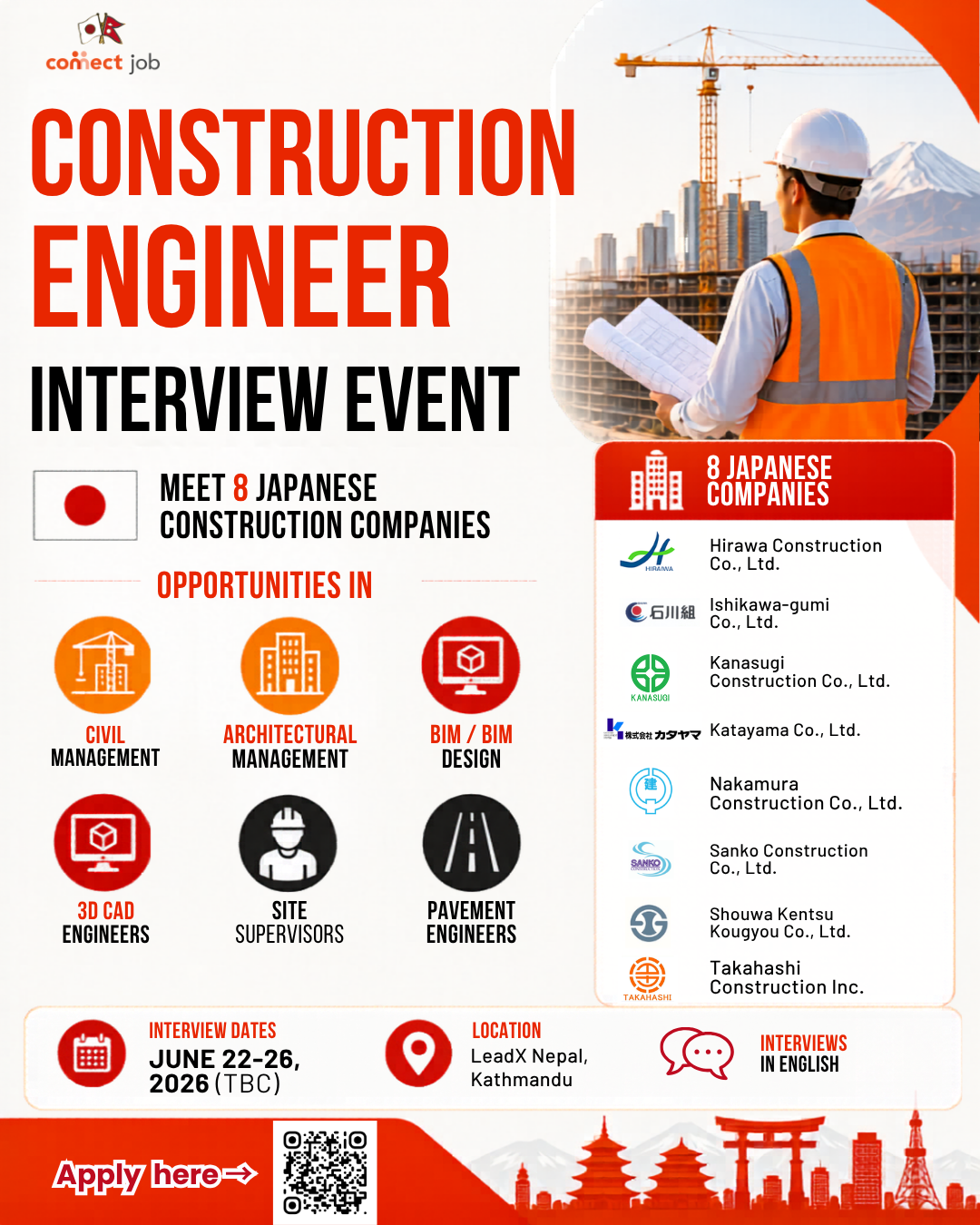 Connect Job Nepal - Work in Japan Facebook ad: Civil Engineers needed in Japan