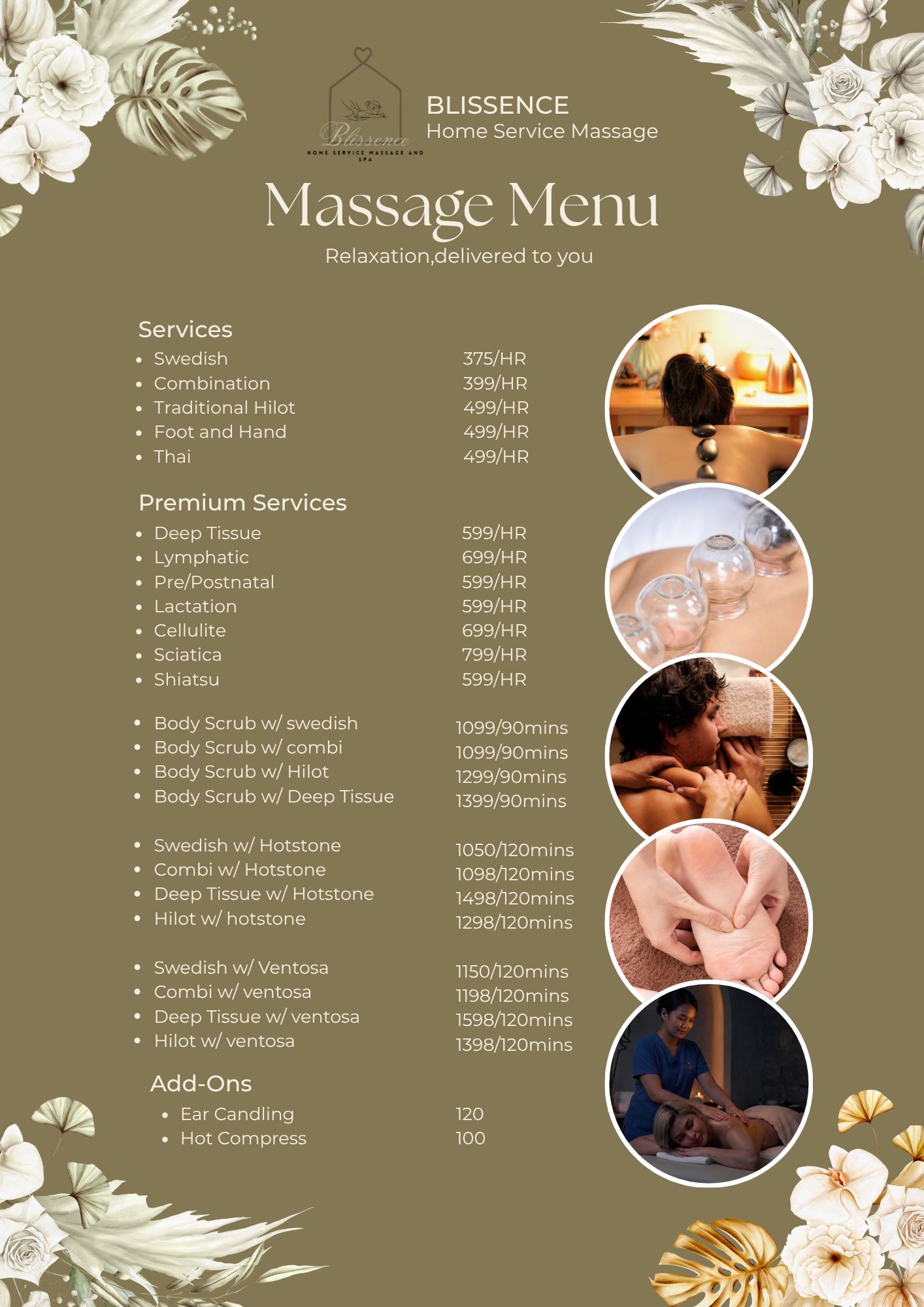 Blissence Home Service Massage and Spa Facebook ad: Relax. Recharge. Rejuvenate.