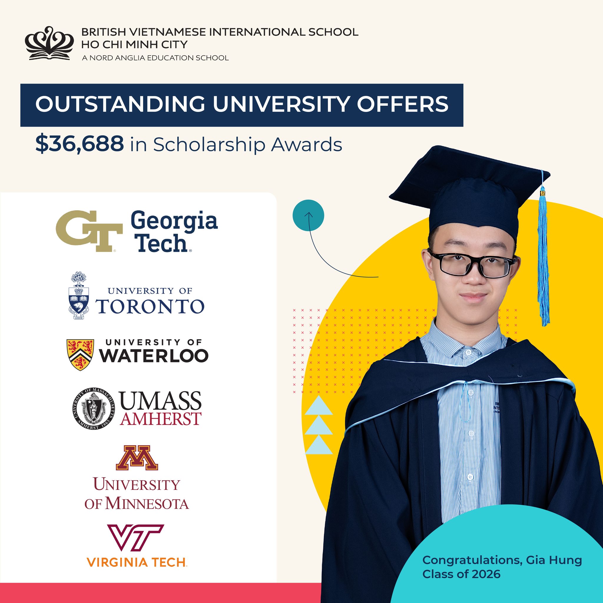 BVIS Ho Chi Minh City Facebook ad: GIA HUNG (CLASS OF 2026): EARNS ADMISSION TO…