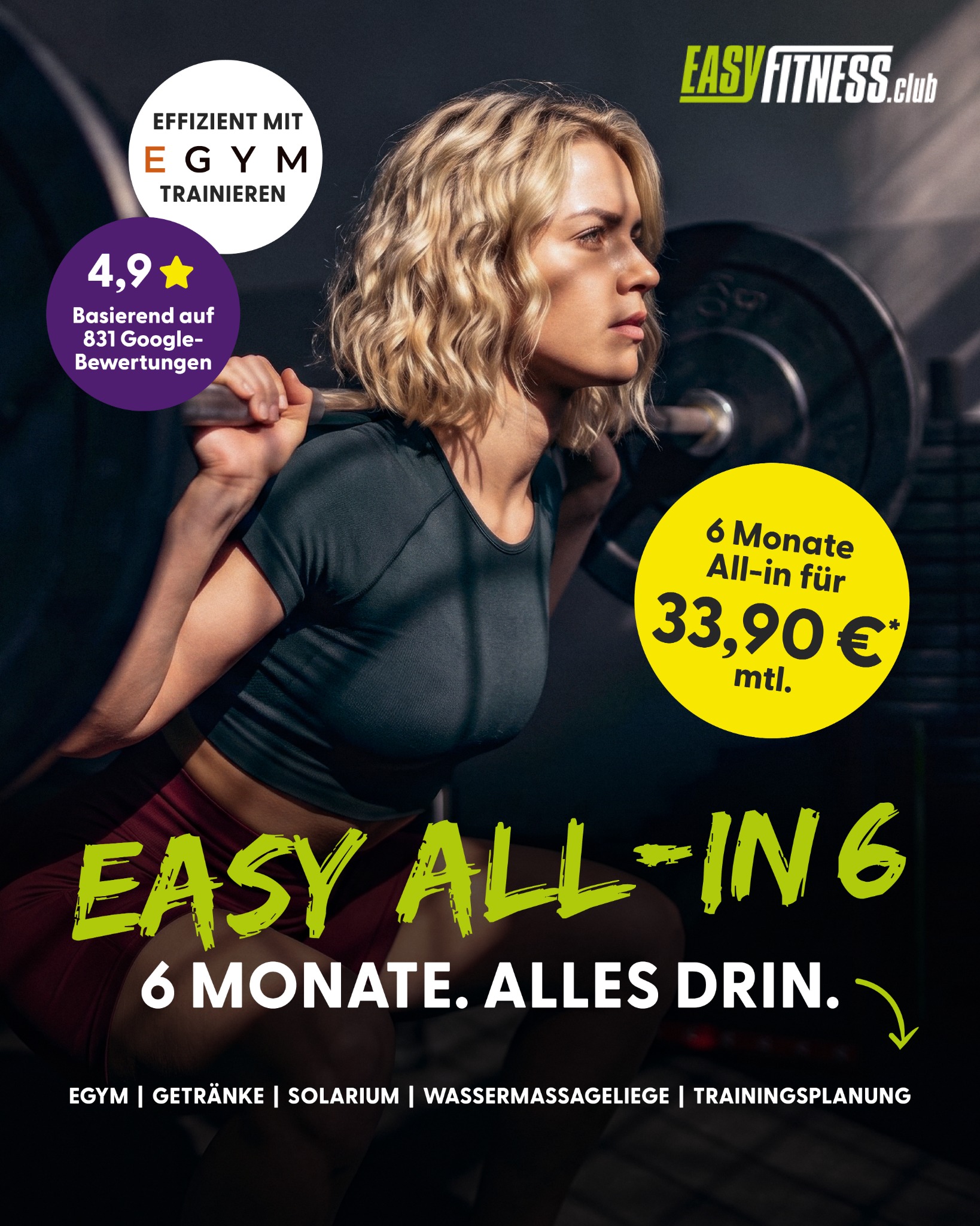 EASYFITNESS.club Maisach Facebook ad: 6 MONATE ALL-IN FÜR NUR 33,90 € MTL.!