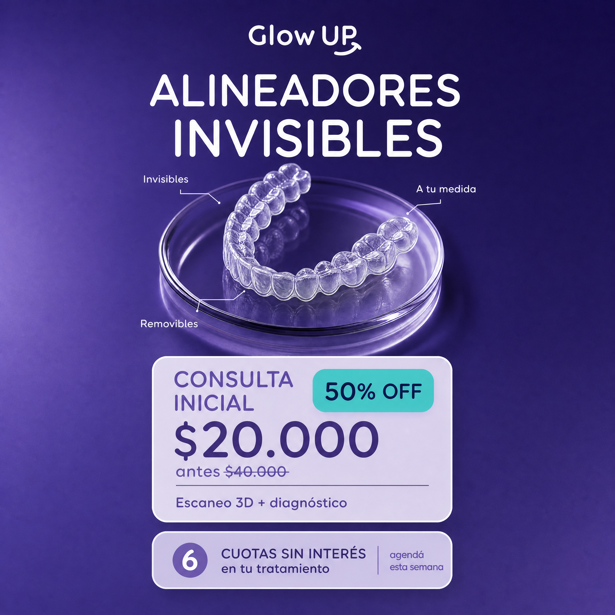 Glowup Argentina Facebook ad: Tu consulta inicial al 50%: $20.000 (antes $40.000).