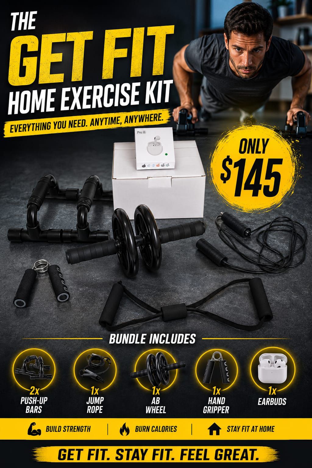 Foxy's Imports Facebook ad: Home Exercise Kit $145.00 Free Earbuds