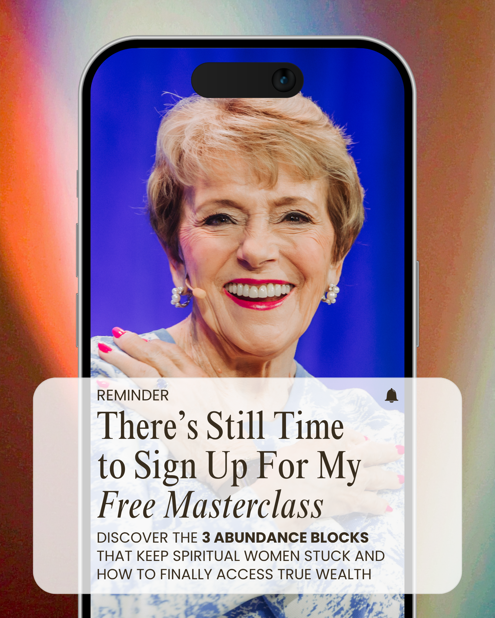 Mary Manin Morrissey Facebook ad: 50 years of abundance research. Yours free in 45 minutes.