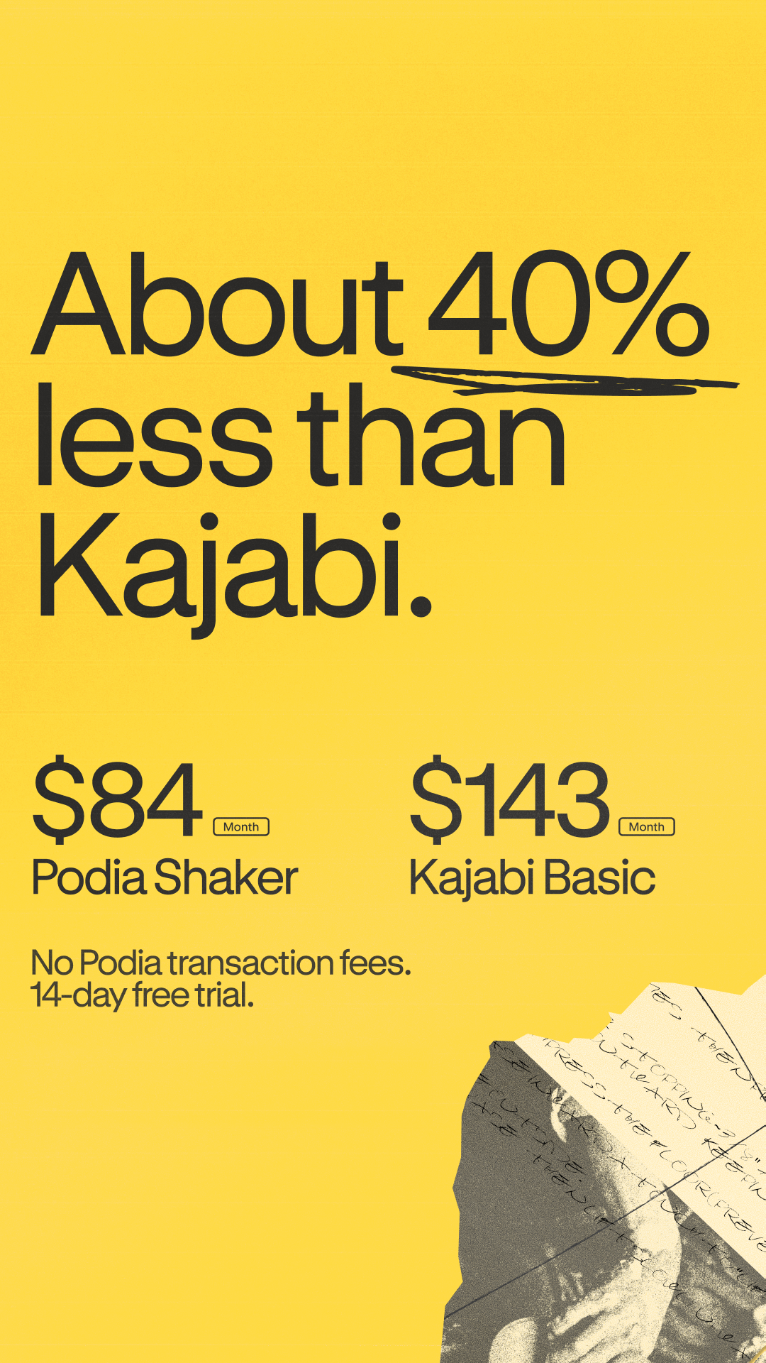 Podia Facebook ad: About 40% less than Kajabi