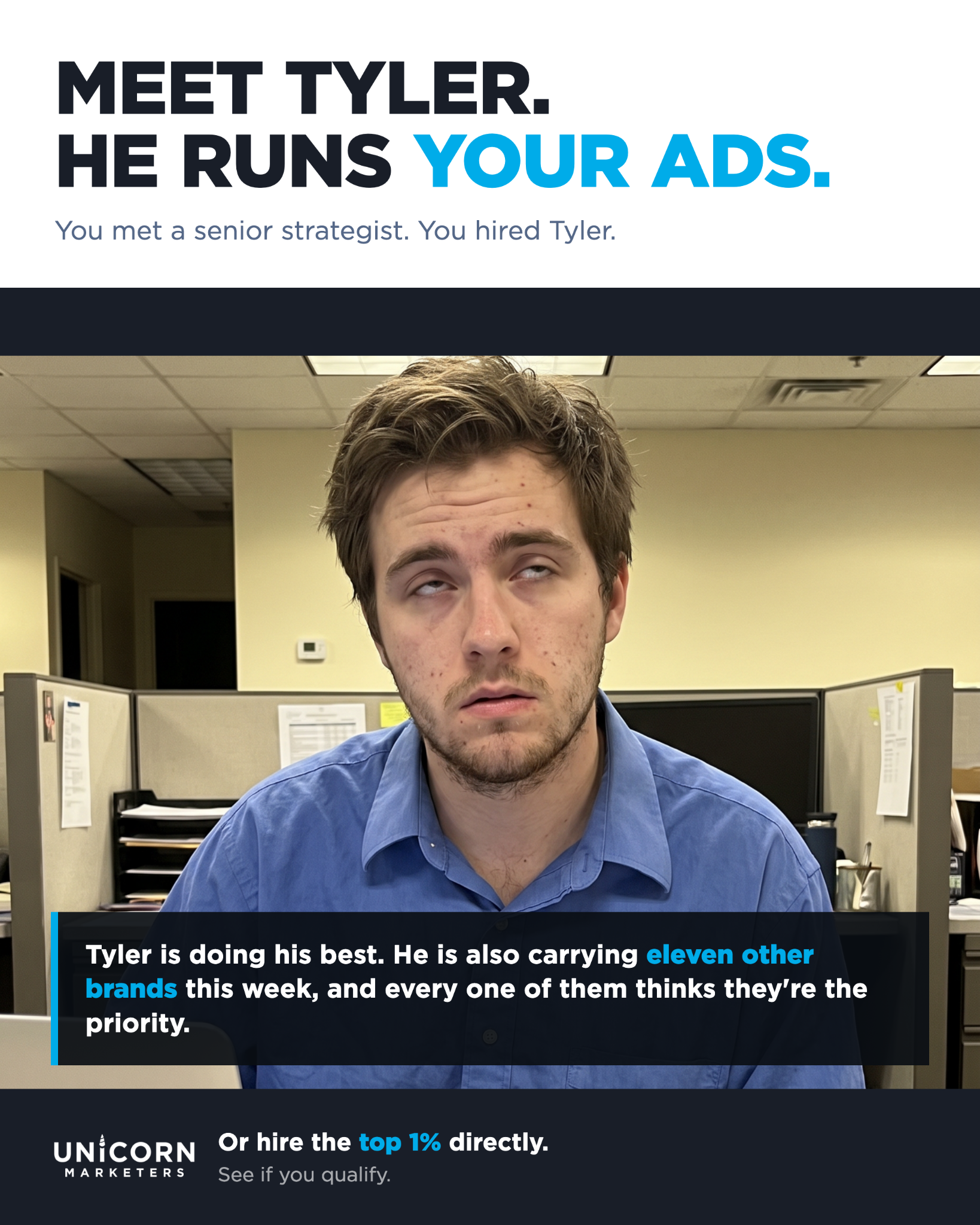 Unicorn Marketers Facebook ad: Hire A Top 1% Growth Marketer Today