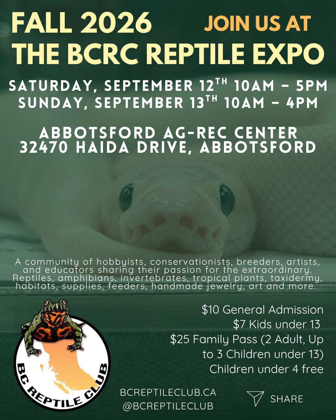 BC Reptile Club (BCRC) Facebook ad: WHO’S READY FOR A SEPT 2026 VENDORS LIST?