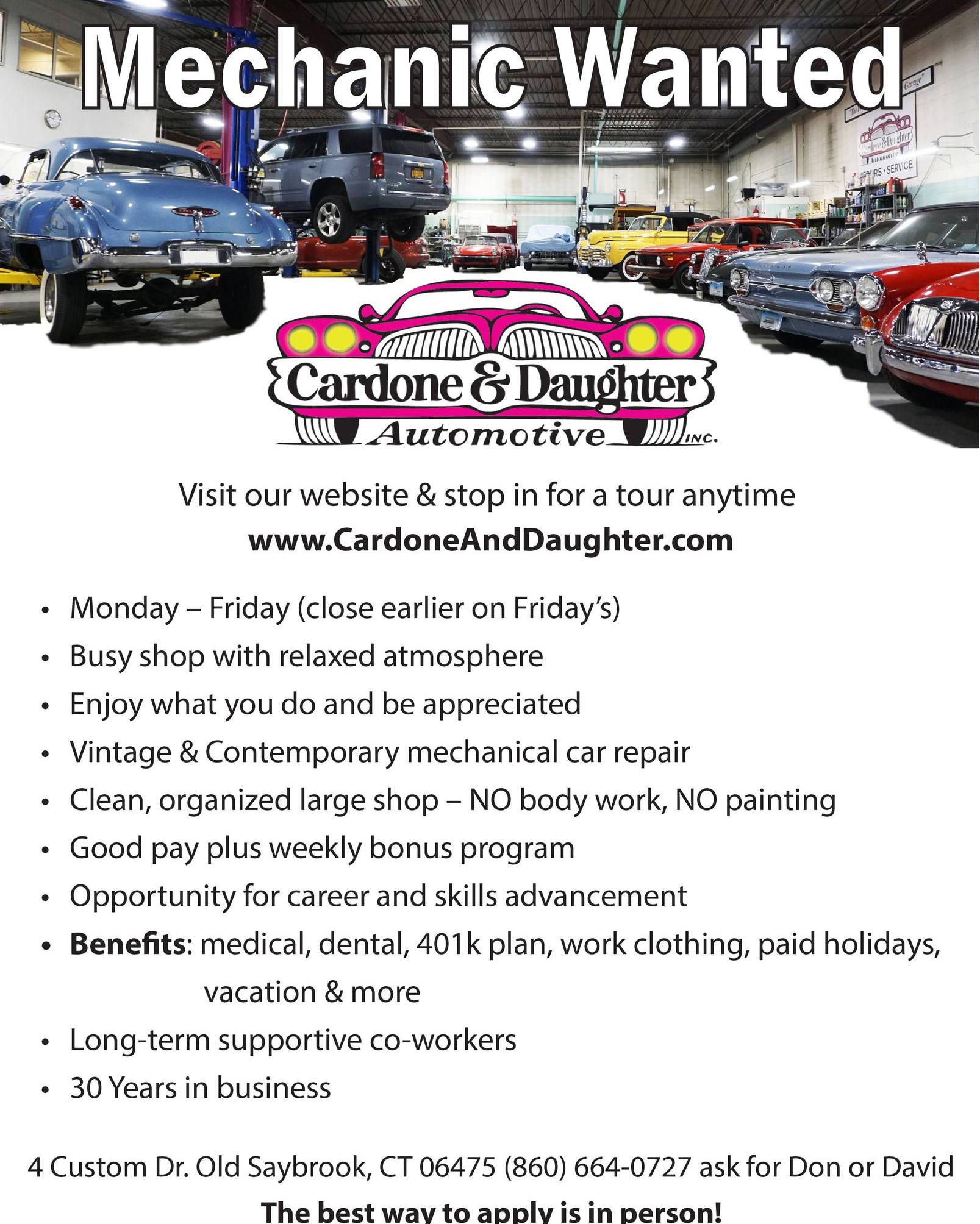 Cardone & Daughter Automotive, Inc. Facebook ad: We are looking for a mechanic to join…