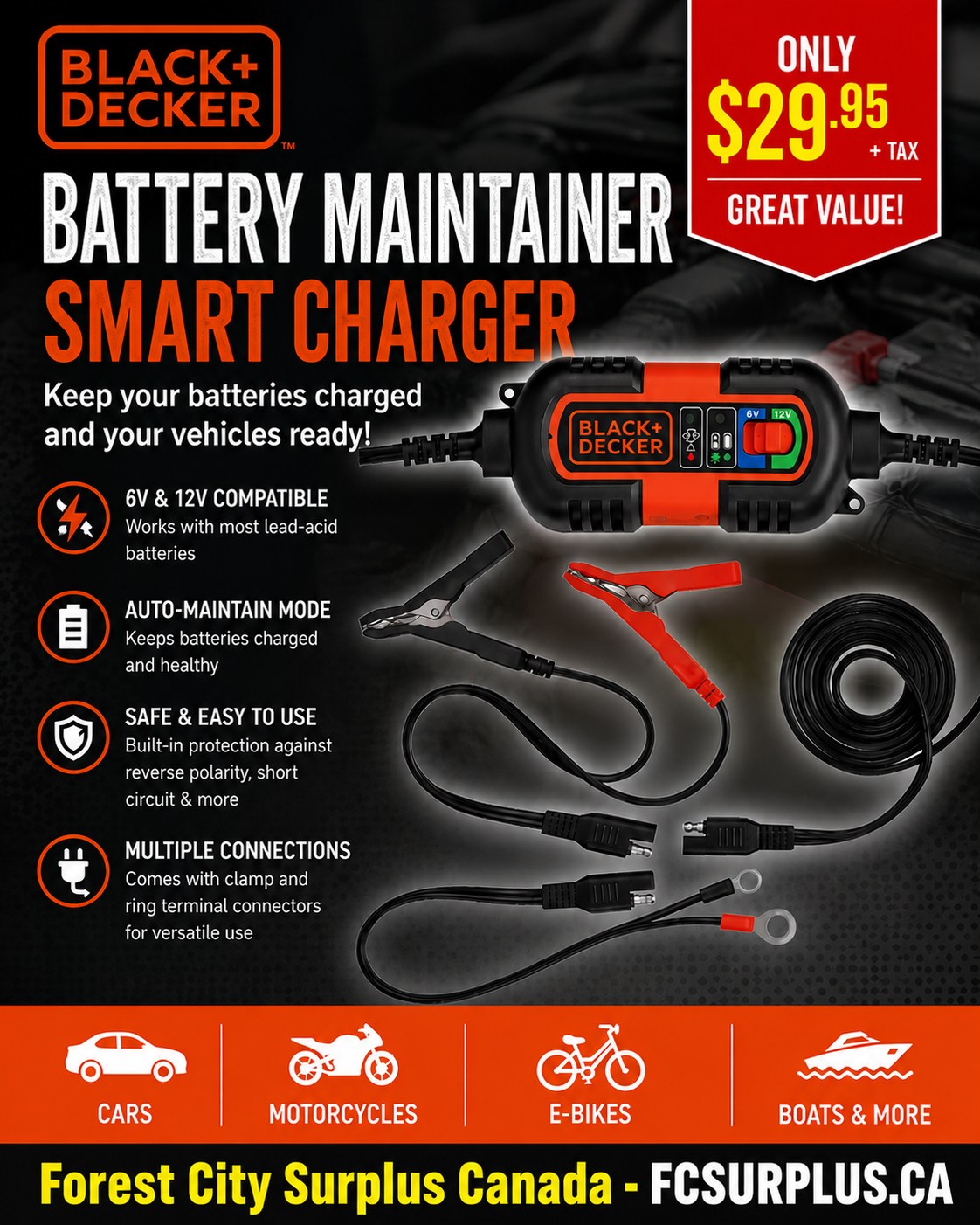 Forest City Surplus Canada Facebook ad: Dead battery? Not today.