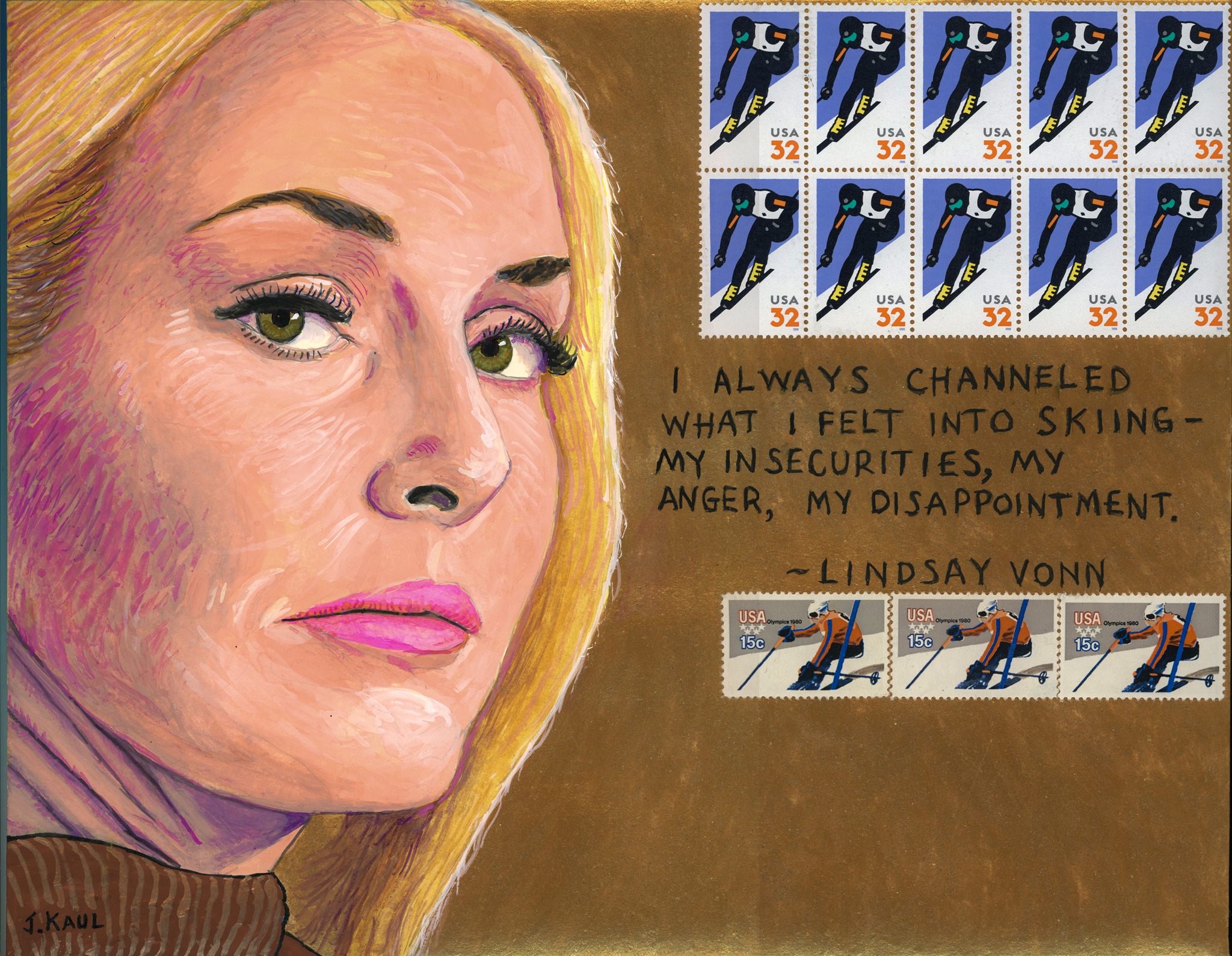 John Kaul Facebook ad: I painted this envelope portrait of Lindsay Vonn…