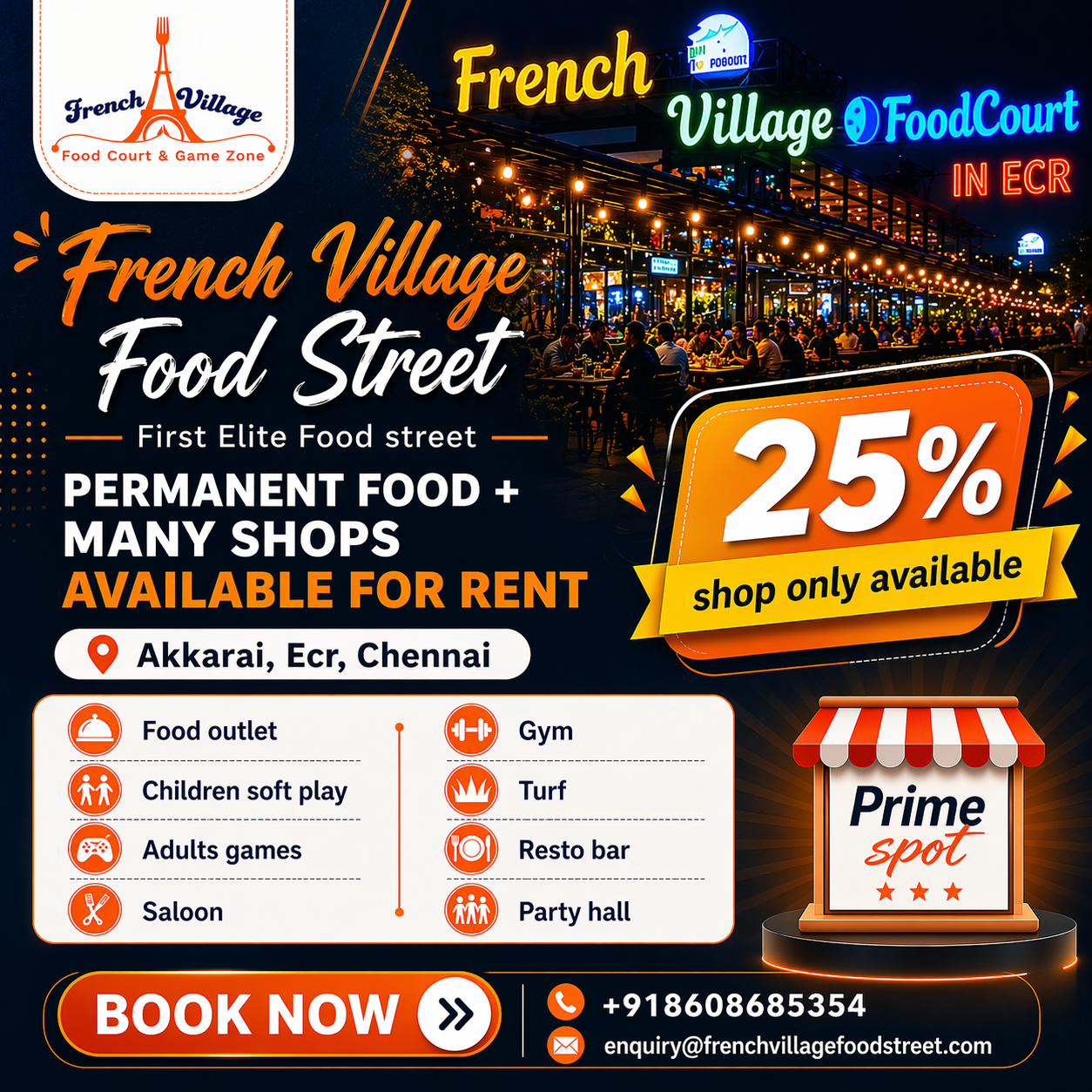 French Village Food Street & Game Zone Facebook ad: Book Your Permanent Stall at French Village(No Temporary…