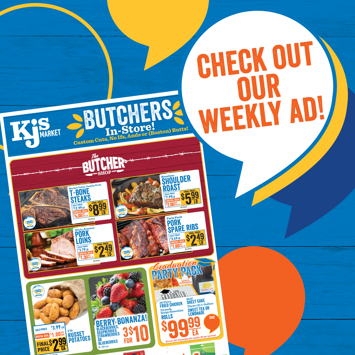 KJ's Market Facebook ad: Savings worth smiling about-only at KJ’s Market!