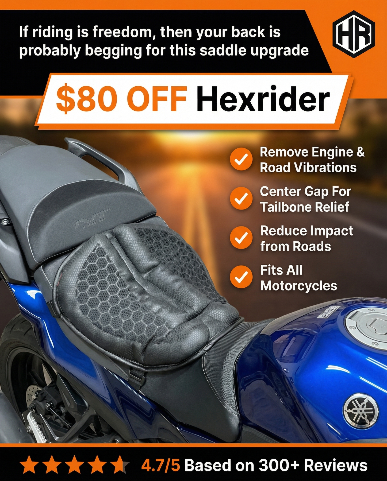 HexRider Facebook ad: Made for 1,000+ Mile Road Trips