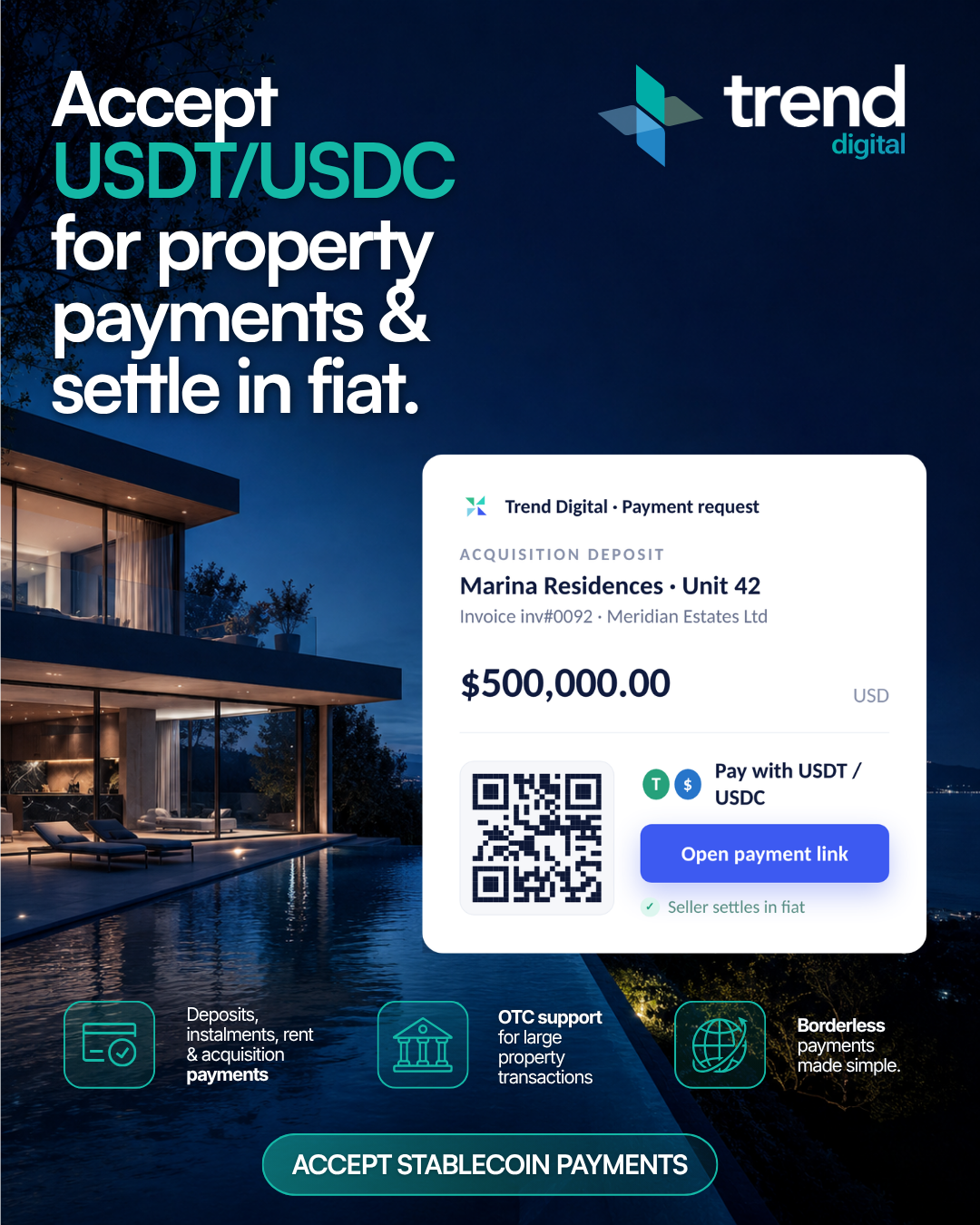 Trend Digital Facebook ad: Accept USDT/USDC for Property Payments