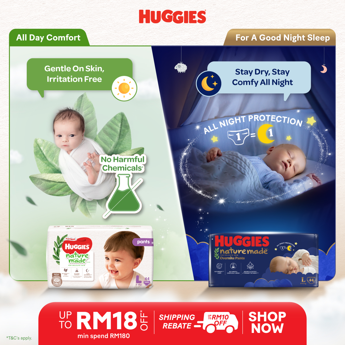 Huggies Malaysia Facebook ad: 24-Hour Protection, Day & Night!