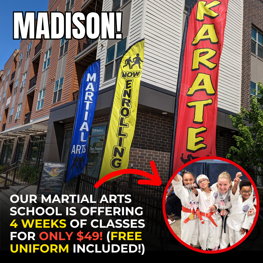 Three Treasures Martial Arts Facebook ad: 4 Weeks of Classes + Free Uniform Included