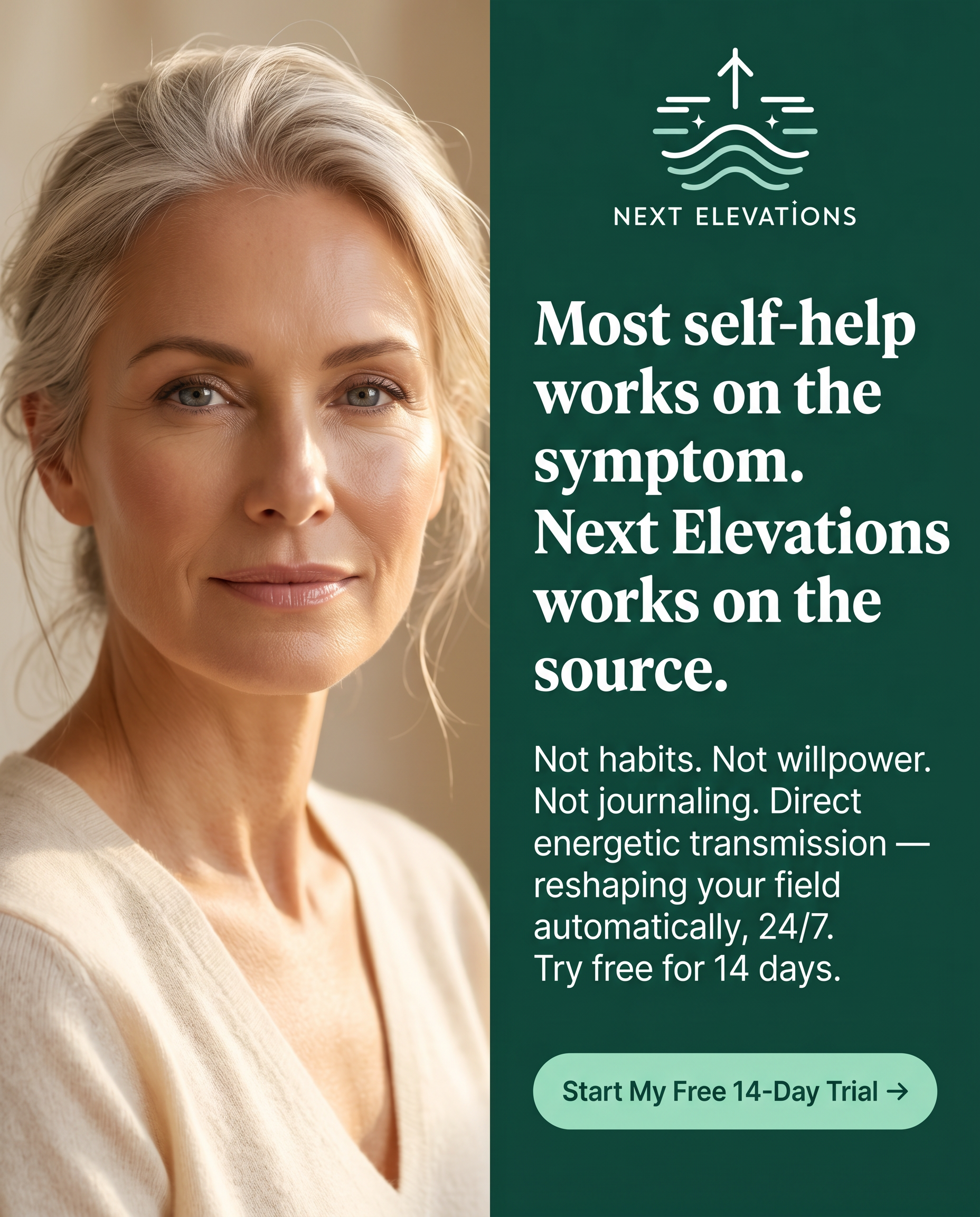 em-healing Facebook ad: Most self-help works on the symptom. Next Elevations works…