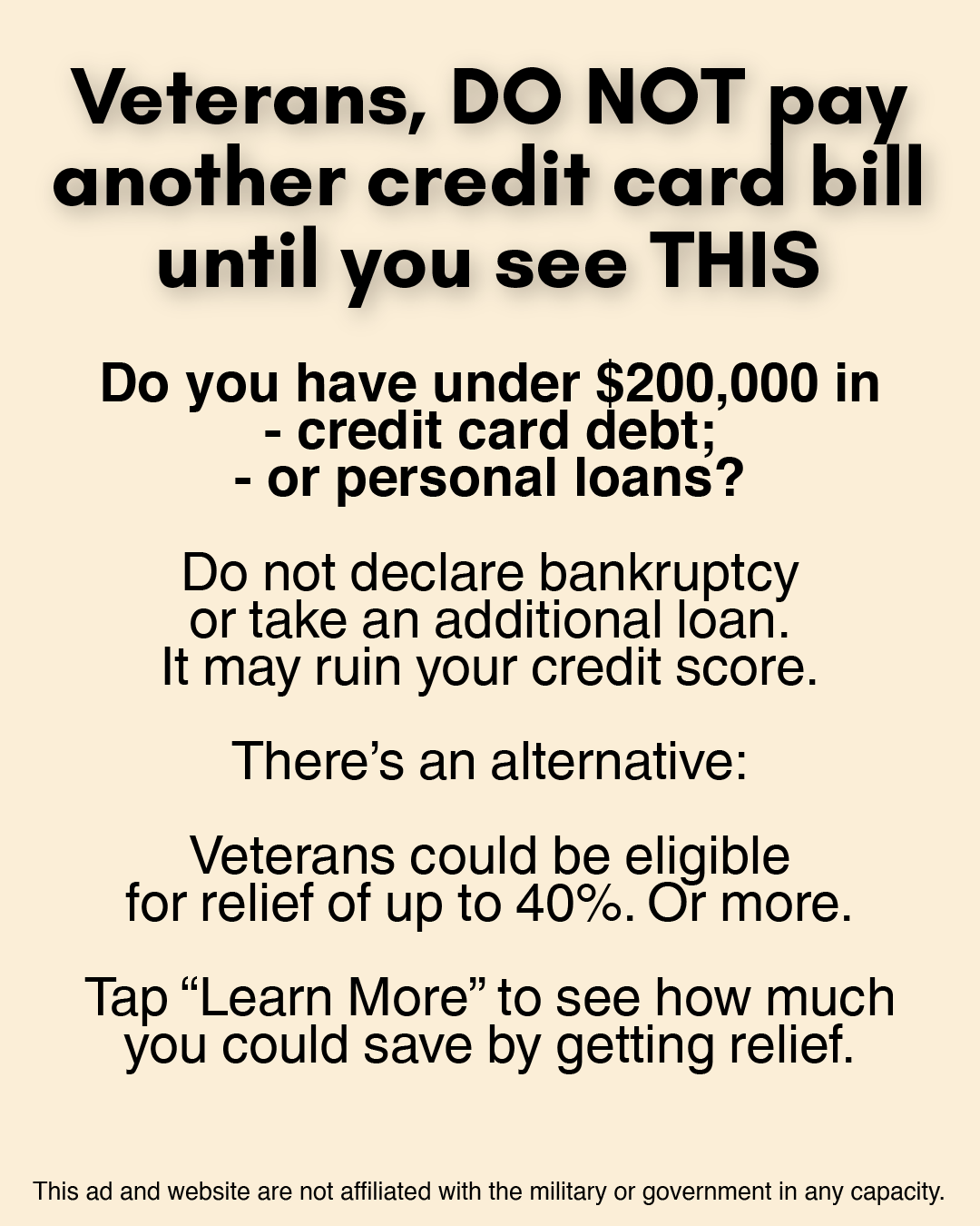Veteran Debt Assistance Facebook ad: Veterans, Stop. Get Relief.