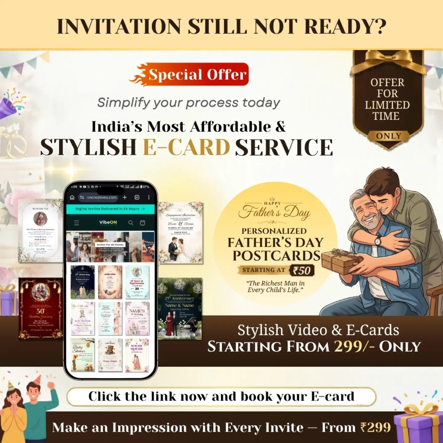 Vibeoncreatives Facebook ad: Premium E-Cards from Only ₹299