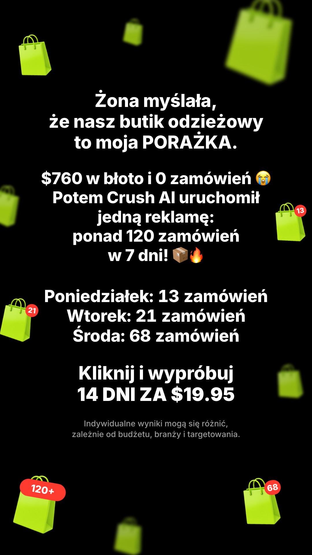 trycrush.ai Facebook ad: Żona myślała, że to moja porażka
