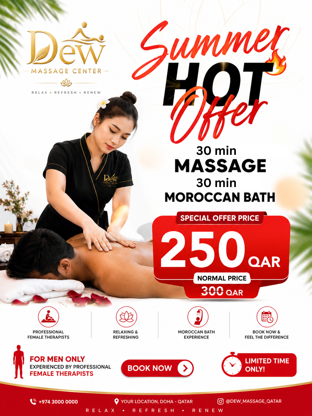 Dew Massage Center Facebook ad: 60 Min Massage + Moroccan Bath | Only 250 QAR