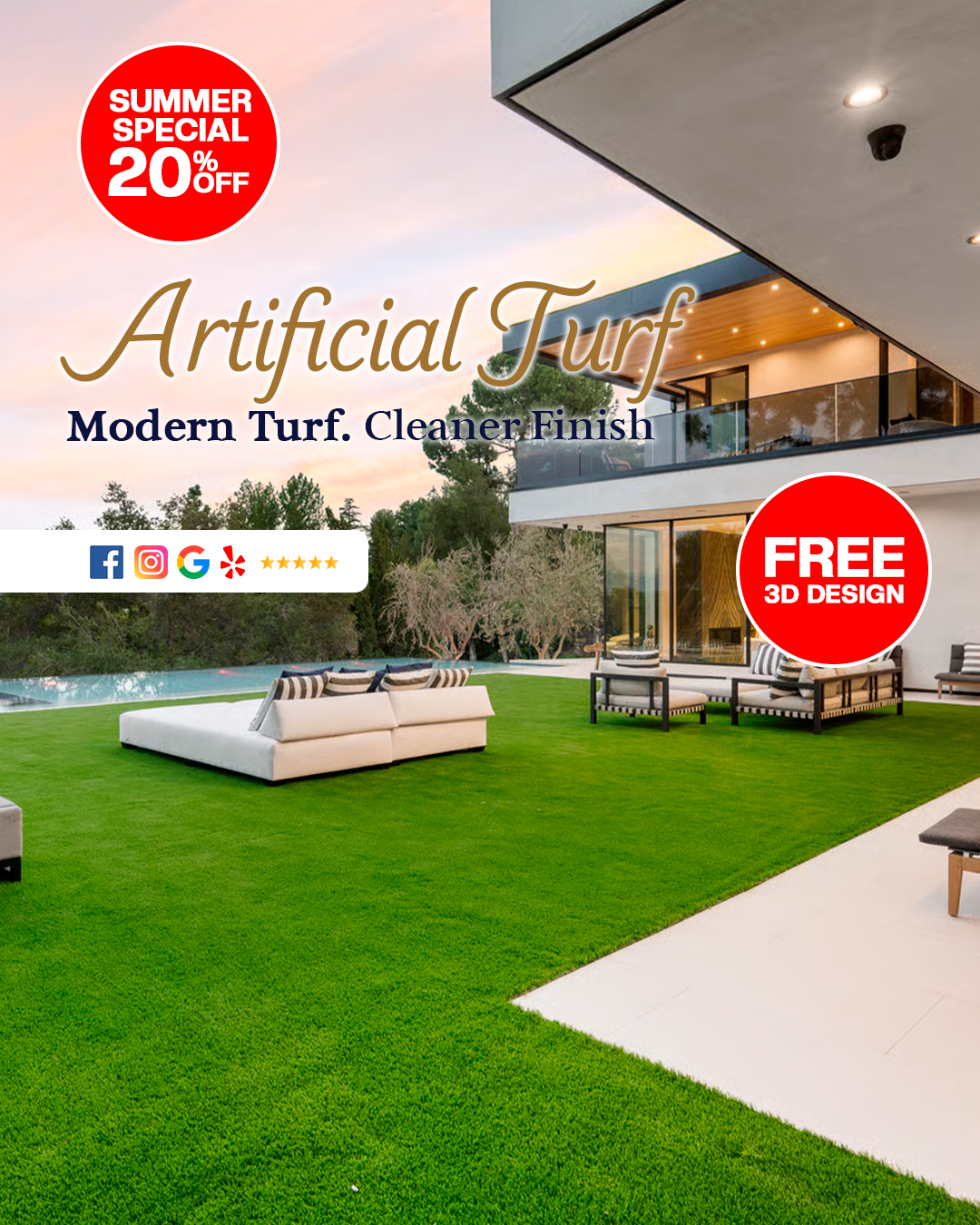 Ariel Outdoor Renovations Facebook ad: 20% Off Artificial Turf This Summer