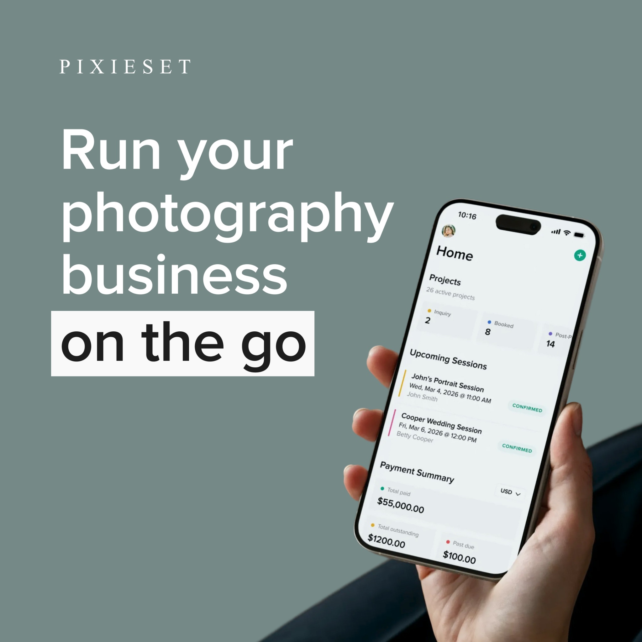 Pixieset Facebook ad: Run your photography business on the go