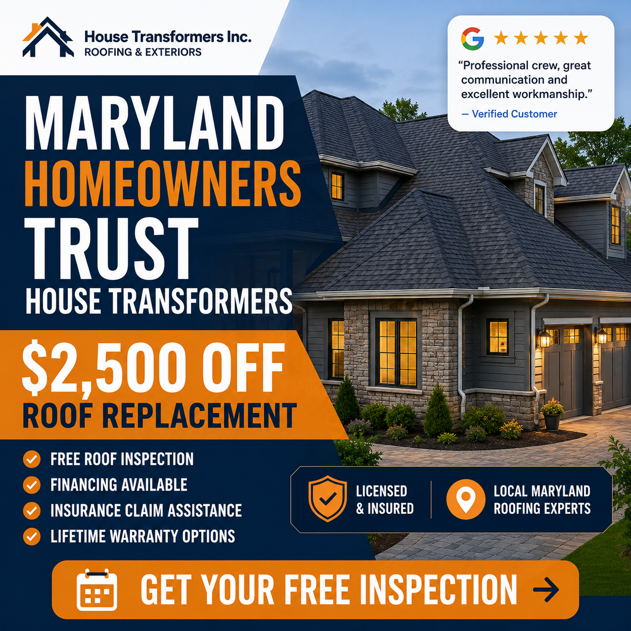 House Transformers Inc. Facebook ad: Get $2500 OFF Roof Replacement