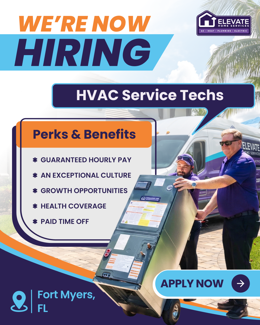 Elevate Home Services Facebook ad: Now Hiring: HVAC Service Technicians