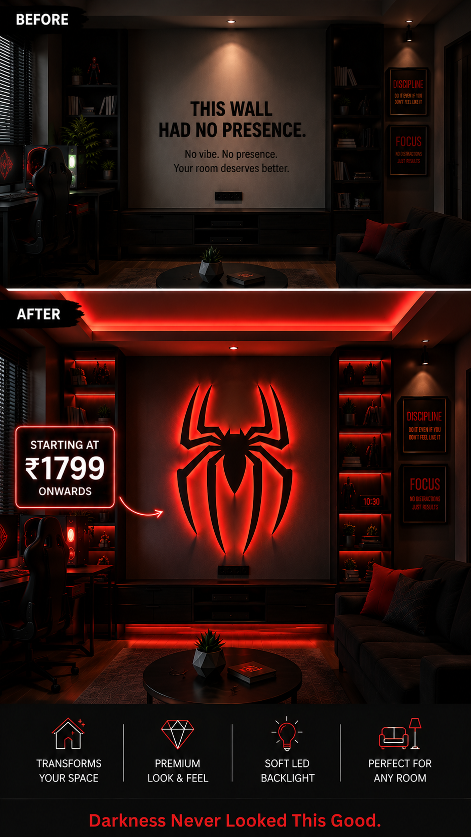 Backlit Crafts Facebook ad: Starting at ₹1799.Darkness Never Looked This Good.