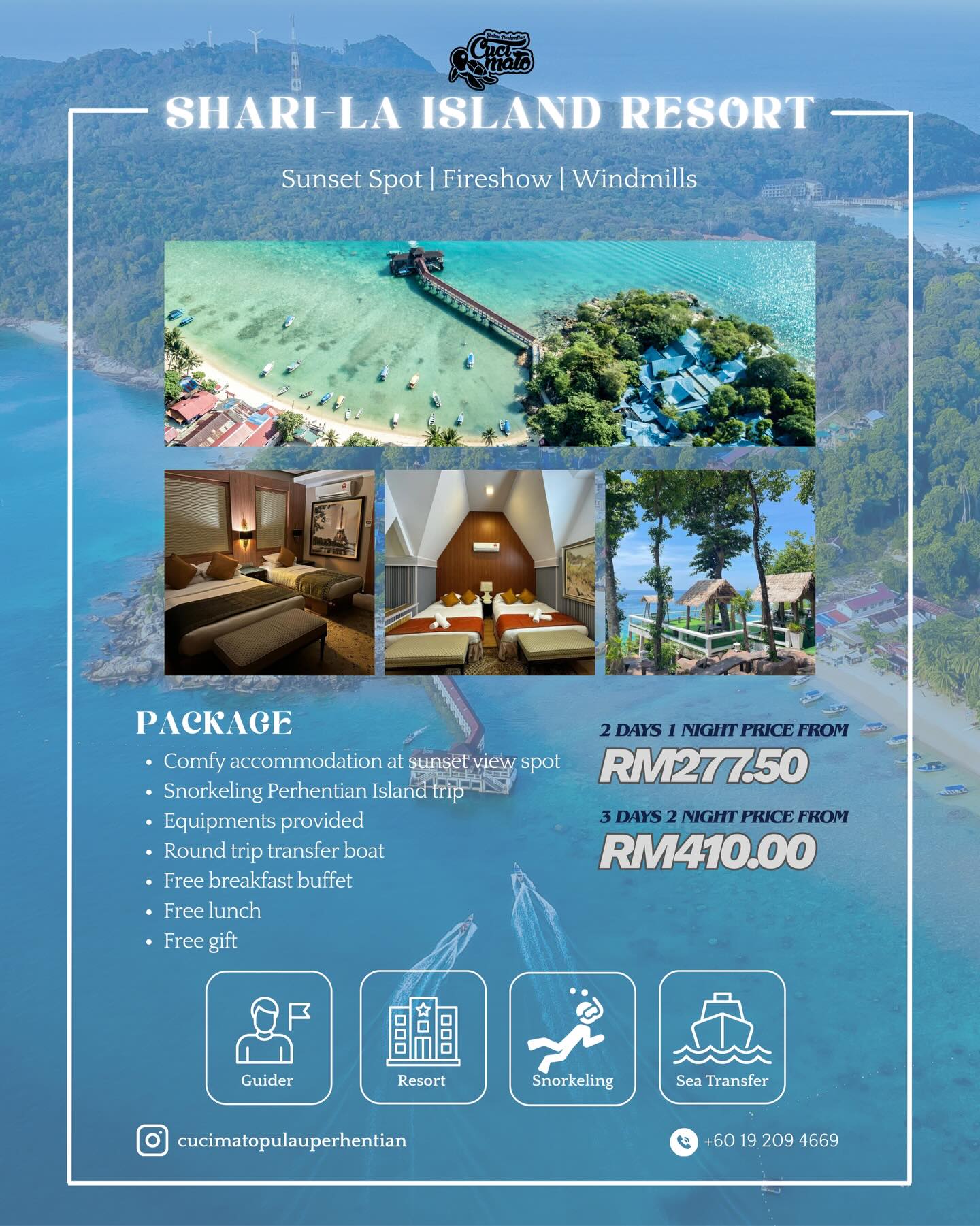 CuciMato Pulau Perhentian Facebook ad: Sun, sand, and sea.