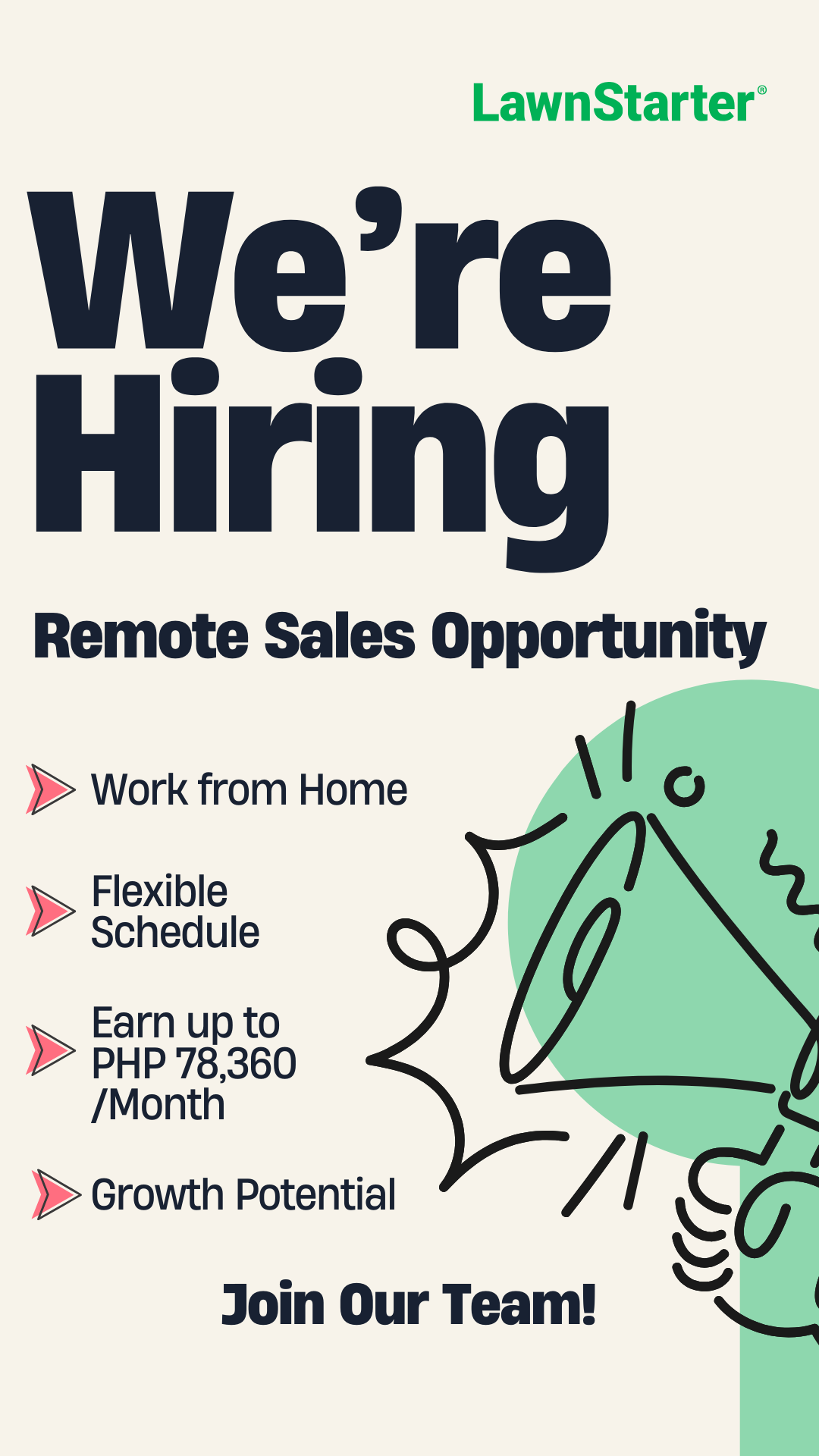 LawnStarter Facebook ad: Now Hiring: Remote Sales Agents, Limited Spots Available!